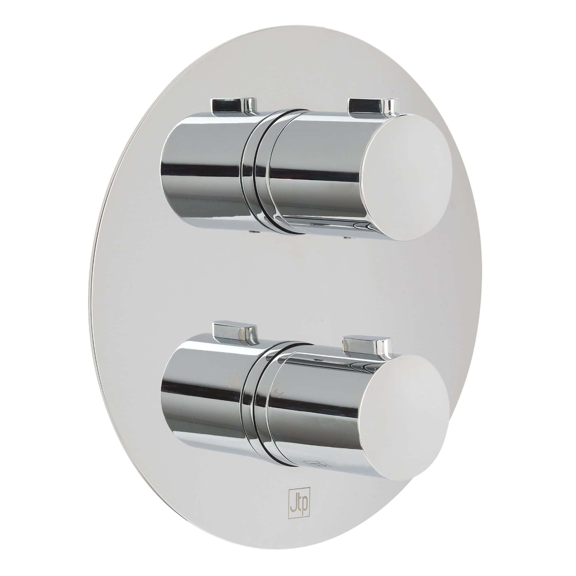 Polished chrome shower valve controls on a white bathroom wall, modern thermostatic rain shower mixer, sleek design for stylish bathroom upgrades, high-quality bathroom fixtures.