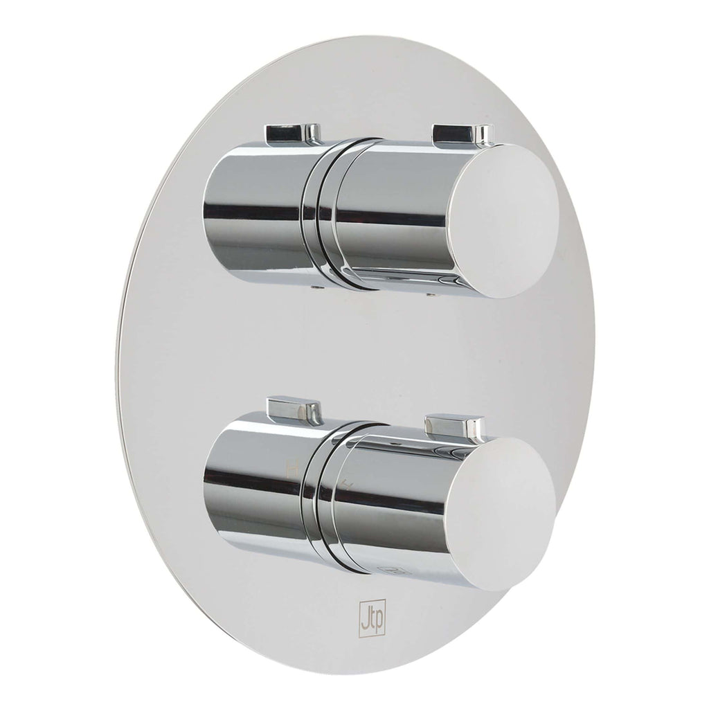 Sleek chrome thermostatic shower valve for modern bathrooms, featuring dual controls for precise temperature and flow management, ideal for luxurious Bubly bathrooms.