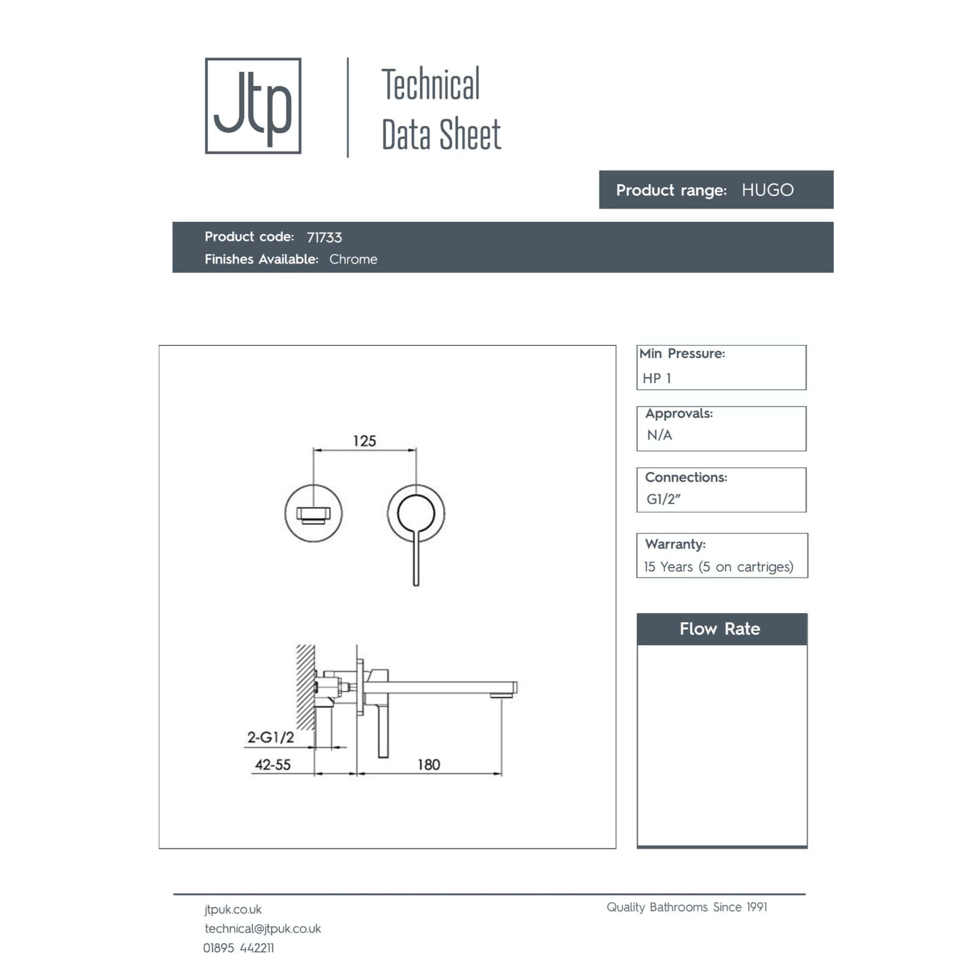Brass bathroom tap with chrome finish, modern design, and detailed technical drawing. Suitable for bathroom sinks, featuring a G1/2" connection, 125mm diameter handles, and a 180mm spout length for stylish and functional bathroom fixtures.