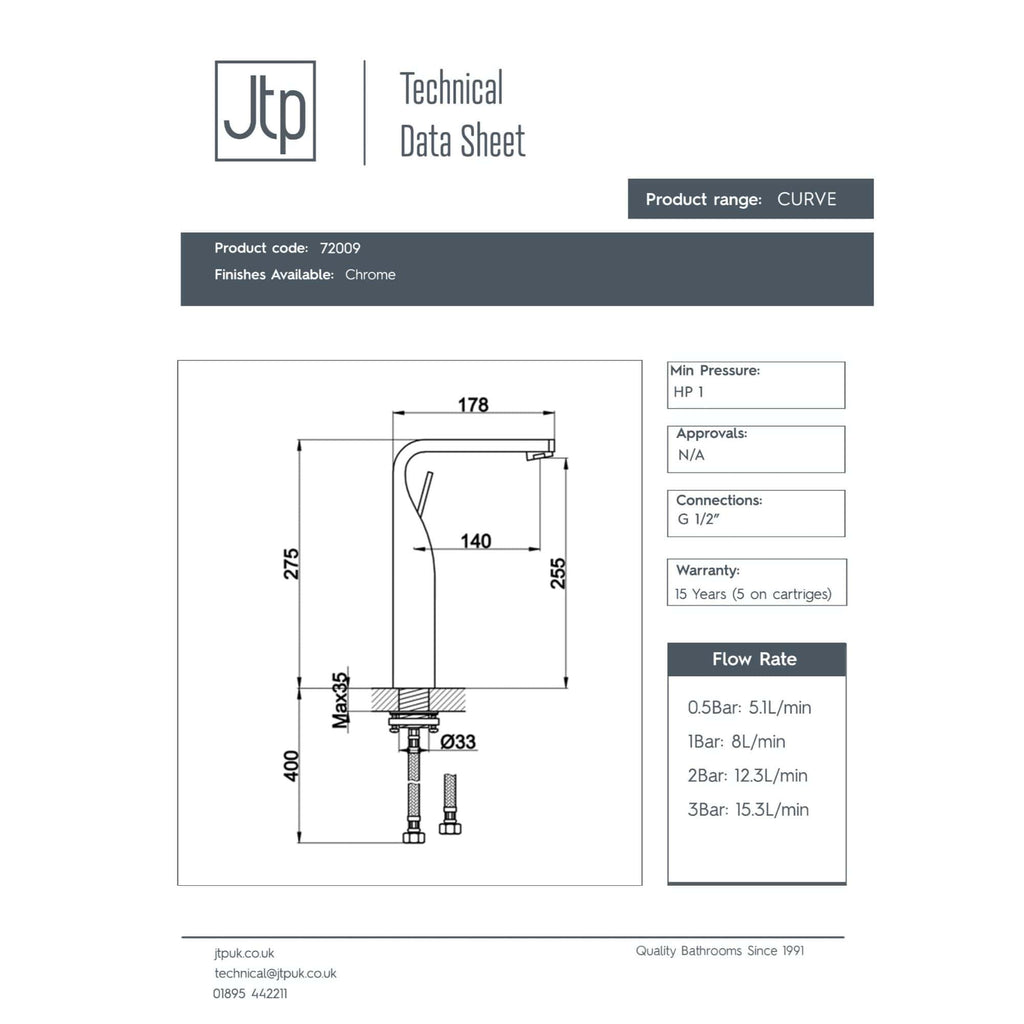 Modern chrome bathroom tap with sleek design and precise measurements for fitting and installation. Ideal for contemporary bathroom interiors, combining functionality with stylish aesthetic.