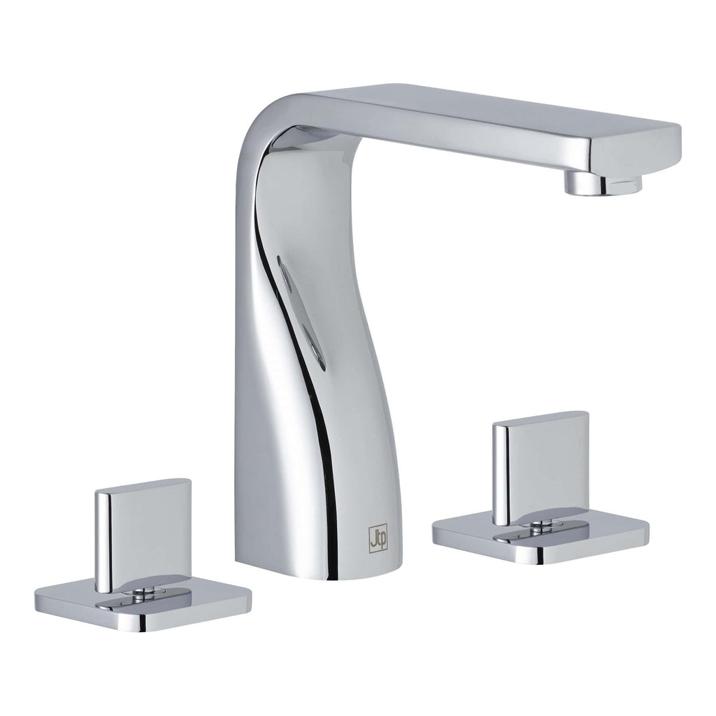 Polished chrome bathroom mixer tap with dual lever handles, modern design, suitable for contemporary bathrooms, by Bubly Bathrooms.