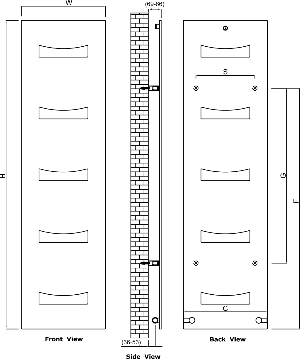 Reina Ancora Anthracite Designer Radiator - technical drawing with dimensions