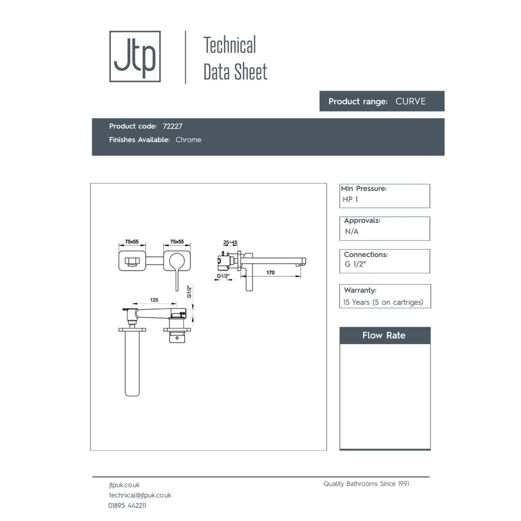 Elegant chrome bathroom tap with a sleek curved design, featured in a technical datasheet for high-quality plumbing fixtures. Ideal for modern bathroom installations, combining durability and style.