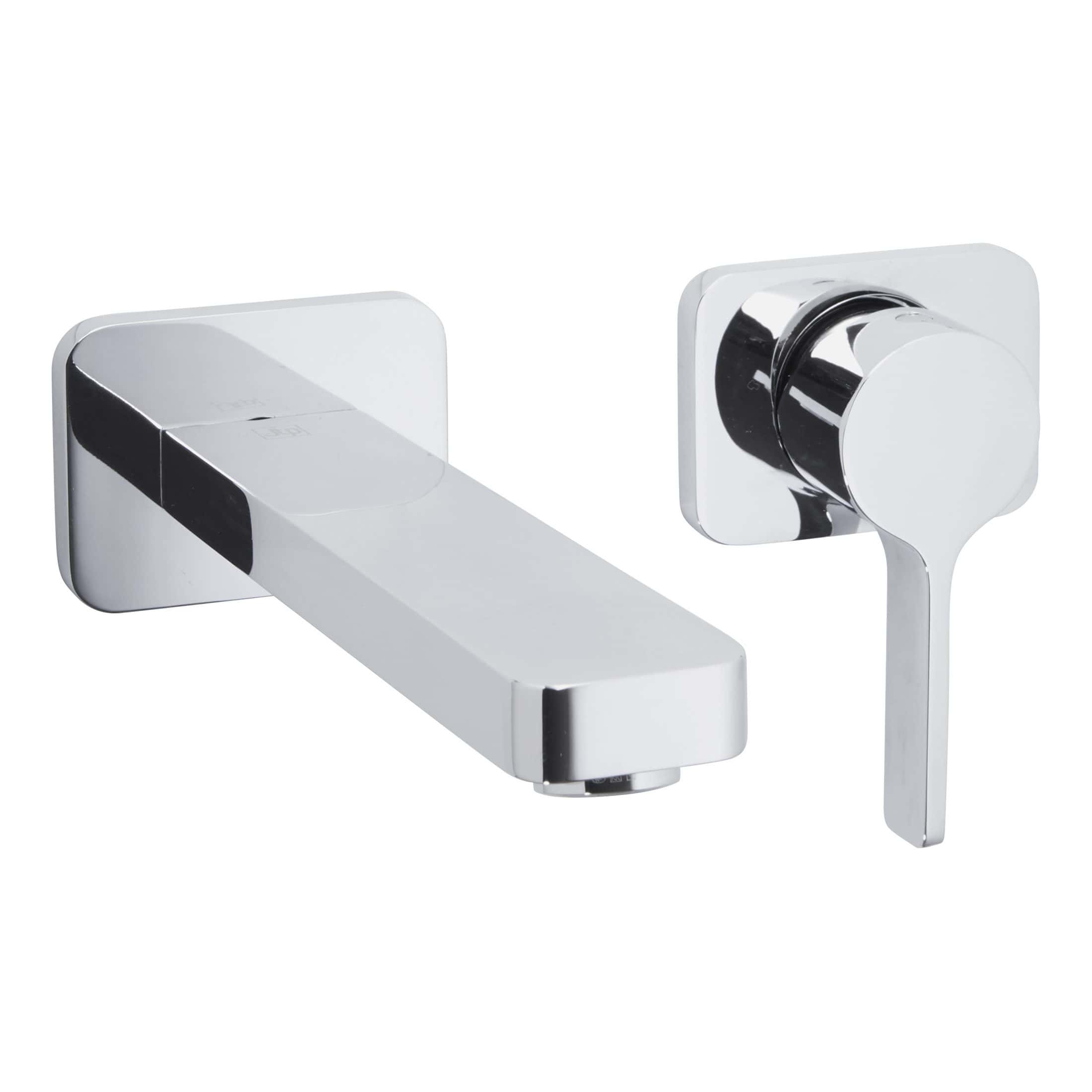 Sleek modern chrome bathroom tap and lever, wall-mounted for minimalist bathroom design and ease of use, complements contemporary fixtures.