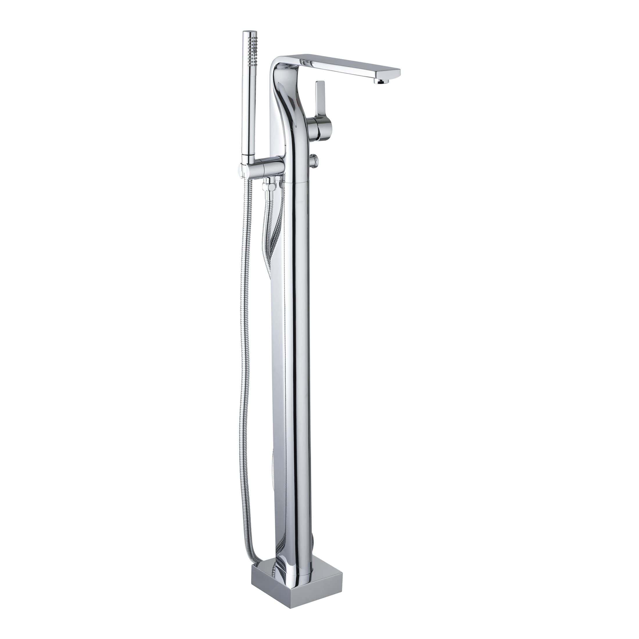 Sleek chrome freestanding bathroom hot and cold taps with handheld shower attachment, ideal for modern bathroom renovation and stylish wet room designs.