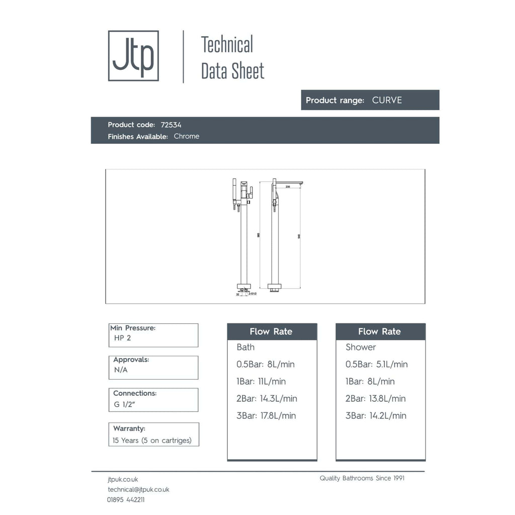 Chrome finish contemporary bathroom tap with sleek curved design by Bubly Bathrooms. Perfect for modern interiors, offers multiple flow rate options for bath and shower.