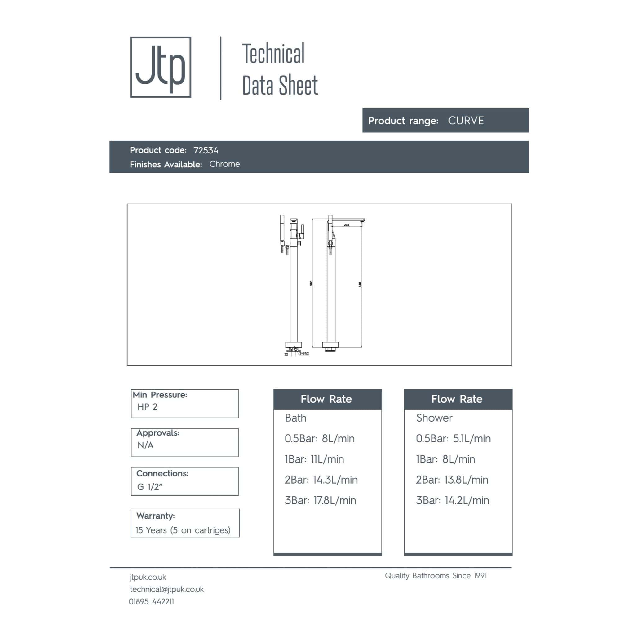 Chrome finish contemporary bathroom tap with sleek curved design by Bubly Bathrooms. Perfect for modern interiors, offers multiple flow rate options for bath and shower.