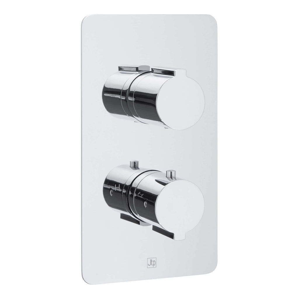 Chrome thermostatic shower control panel with dual temperature and flow dials, modern bathroom fixture for luxury showering experience.