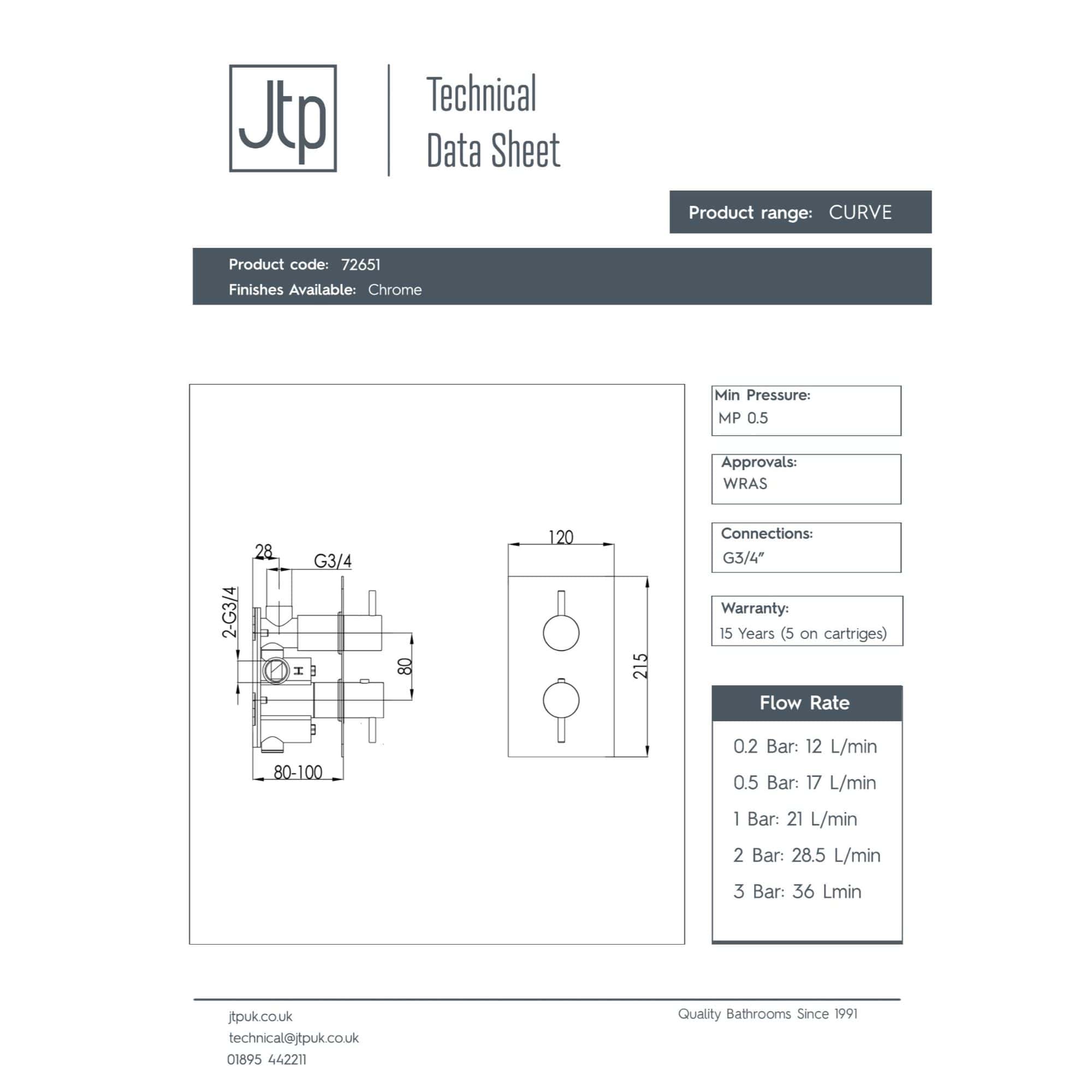 Modern bathroom shower valve with chrome finish, detailed technical drawing, and specifications from JTPuk. Ideal for high-quality bathroom fittings and plumbing installations.
