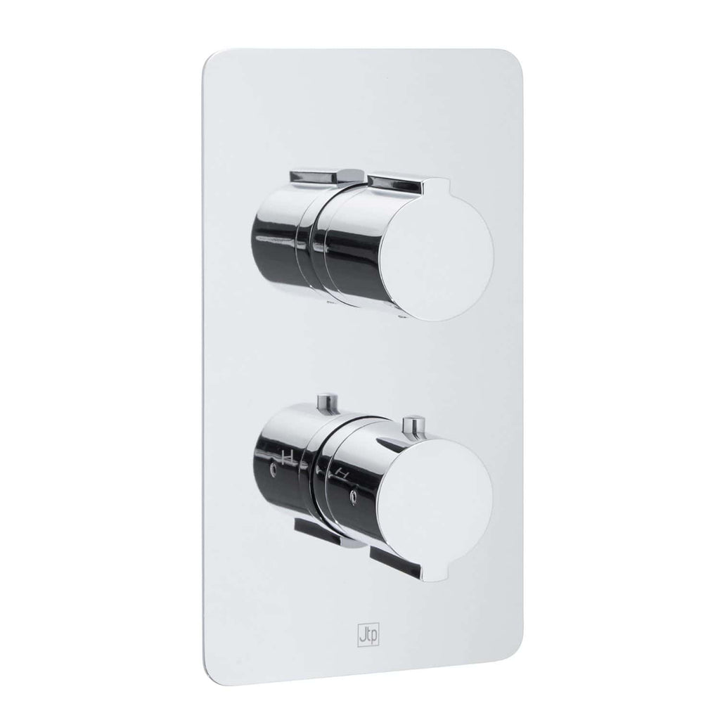 Sleek chrome thermostatic shower control panel with dual dials, wall-mounted design for modern bathrooms, easy temperature and flow adjustment, superior quality.