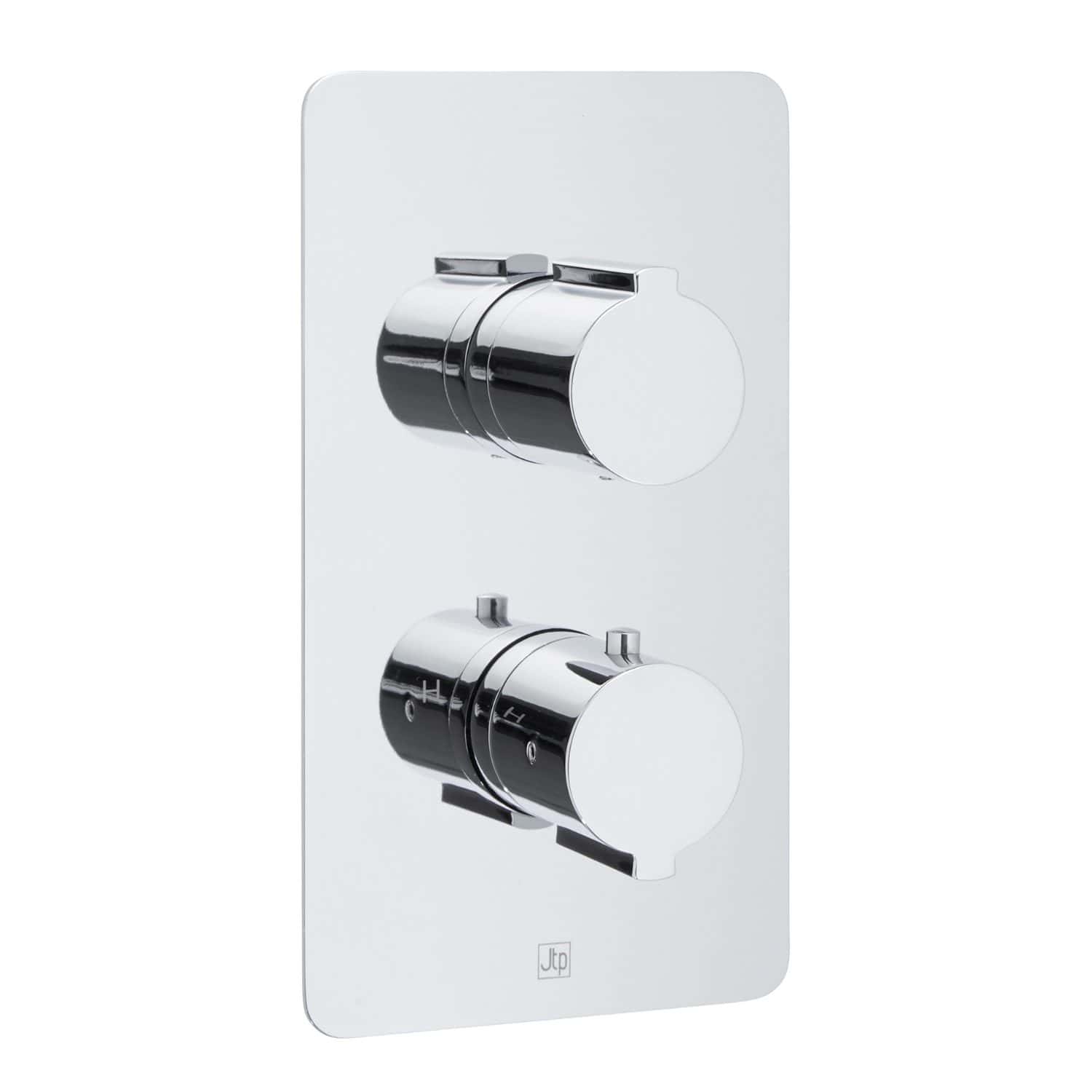 Shower thermostatic valve with dual control dials for precise temperature regulation, chrome finish, wall-mounted bathroom fixture, ideal for modern shower systems, durable and easy to operate.