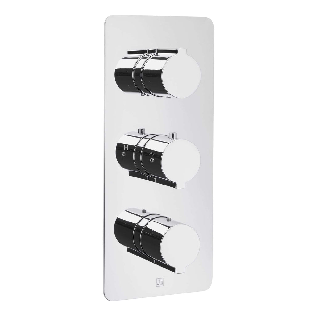 Brushed chrome thermostatic radiator valve control panel for modern bathroom heating systems. Easy-to-use design with three adjustable dials for precise temperature regulation in luxury bathrooms.