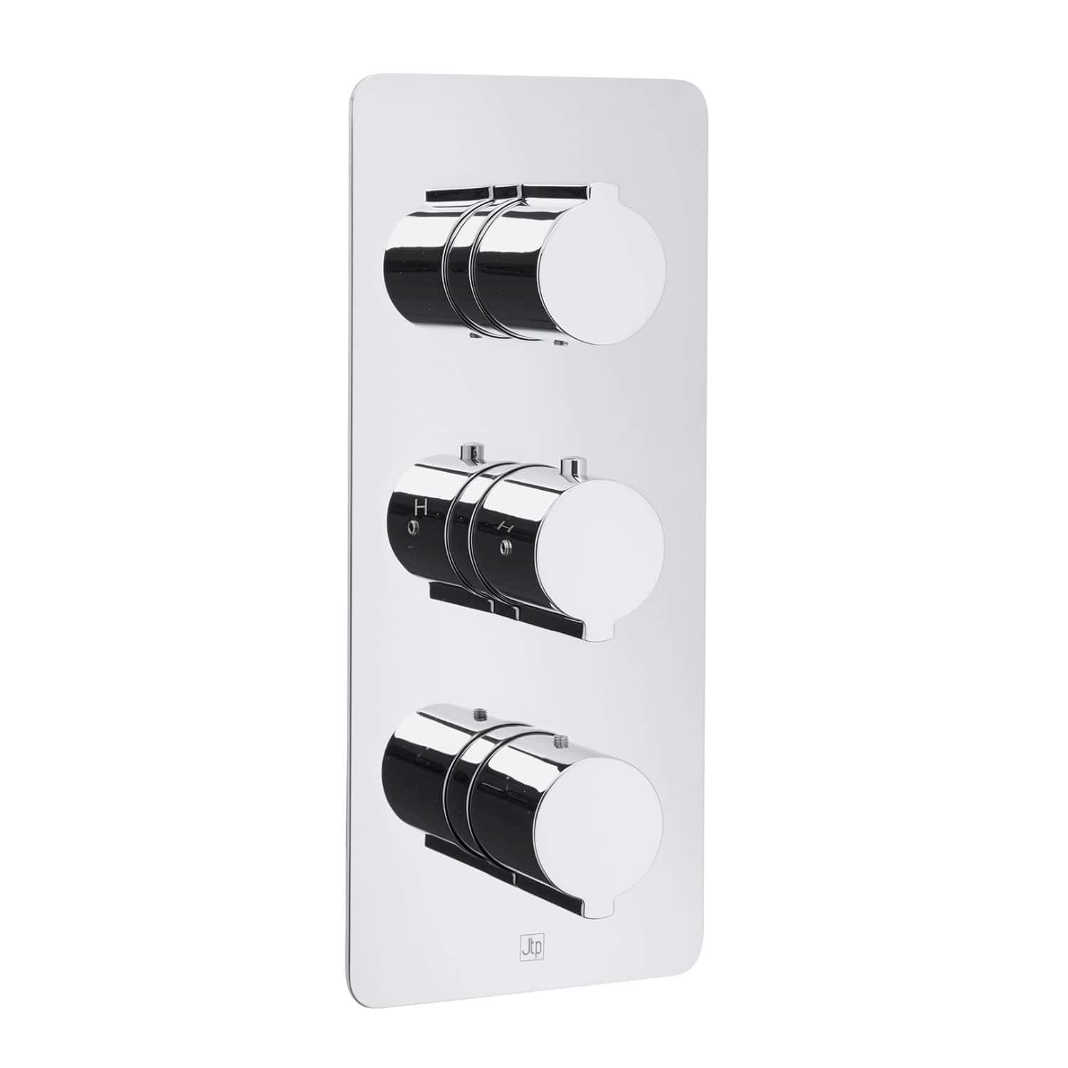 Sleek chrome bathroom radiator control panel with three adjustable thermostatic valves for efficient heat management. Modern design ideal for contemporary bathrooms.