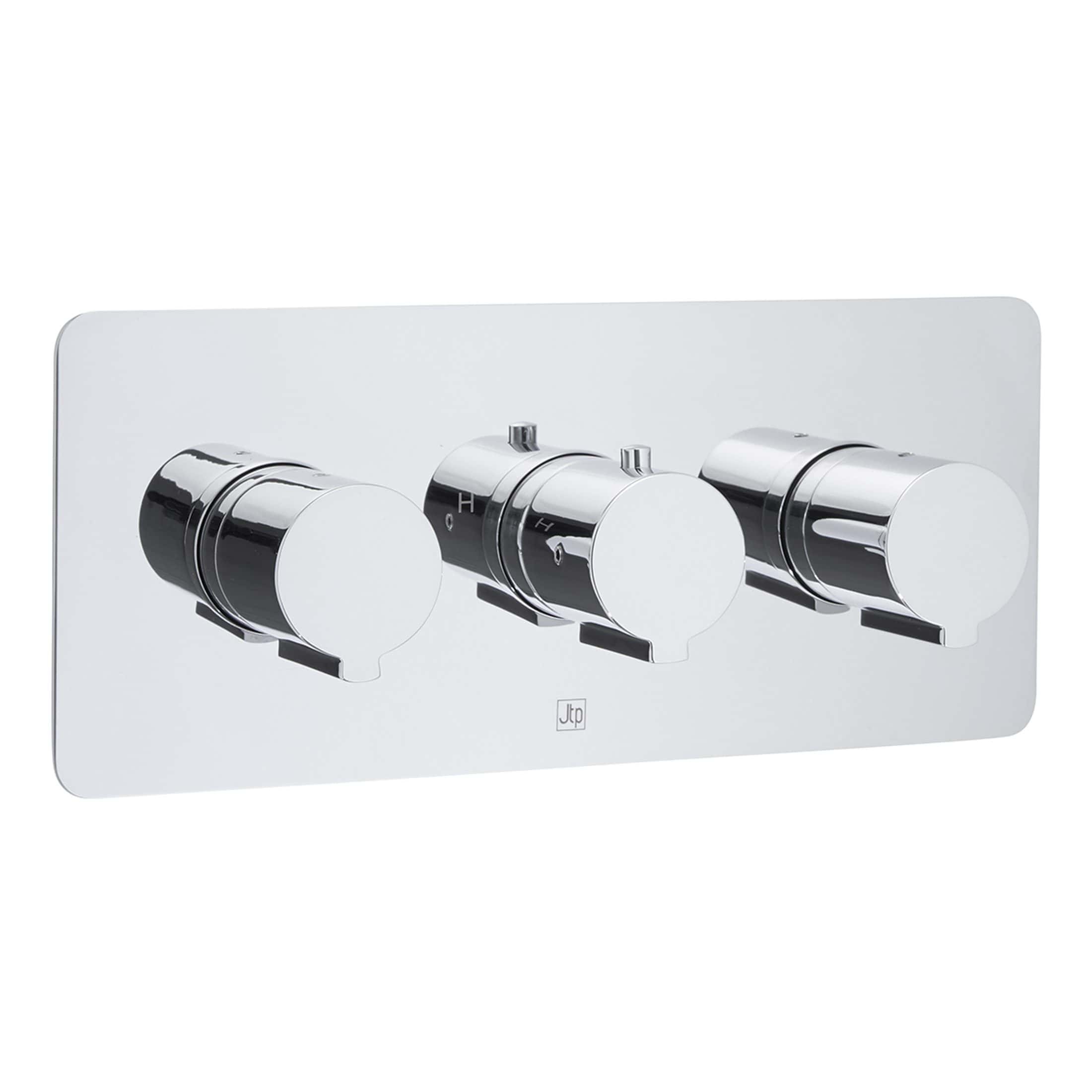 Sleek modern thermostatic shower control panel with chrome finish, designed for precise temperature and water flow adjustment in luxurious bathroom spaces.