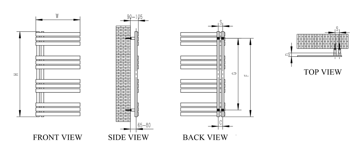 Reina Lovere Polished Stainless Steel Heated Towel Rail - technical drawing with dimensions