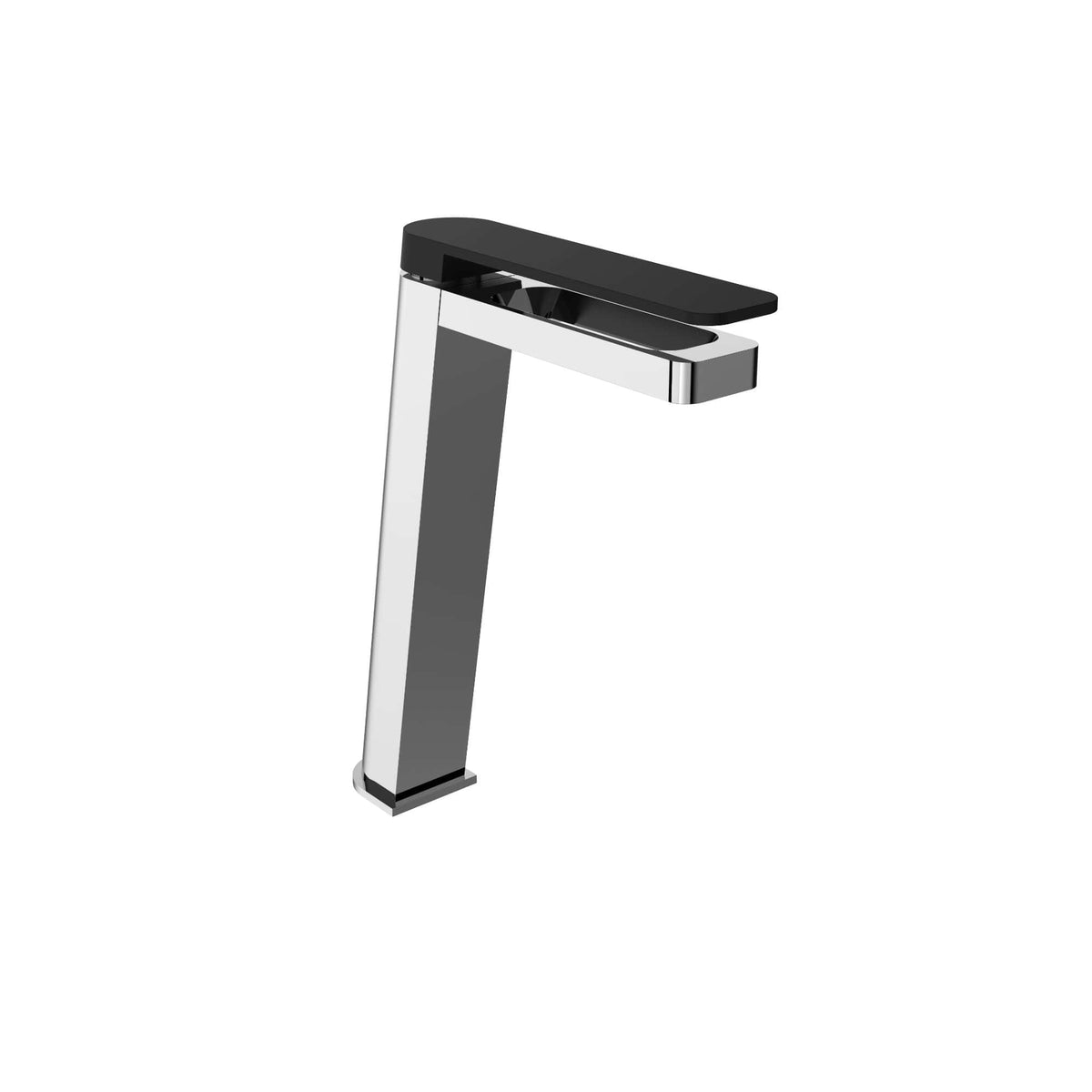 Sleek modern bathroom tap with chrome finish and black handle, designed for contemporary bathroom sinks, offering style and functionality.