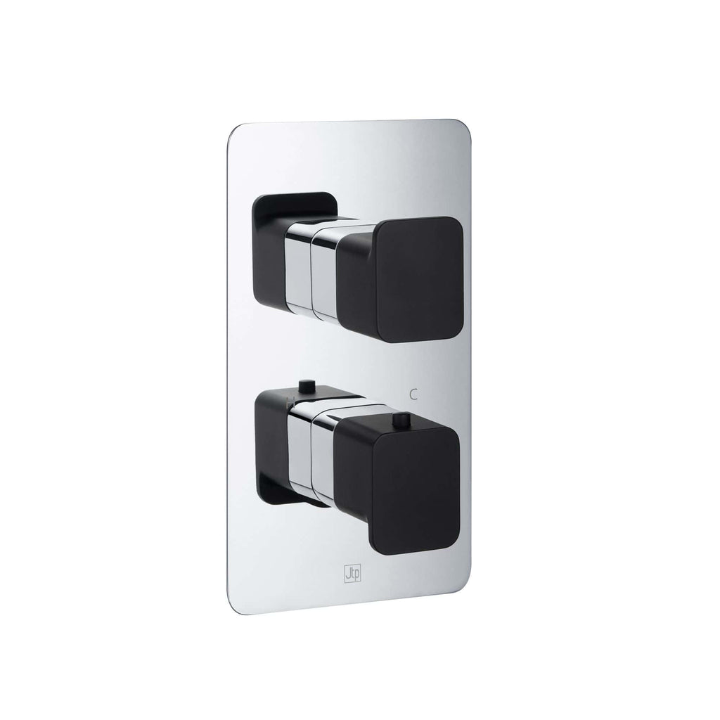 Flexible thermostatic shower valve with black and chrome finish for modern bathrooms.