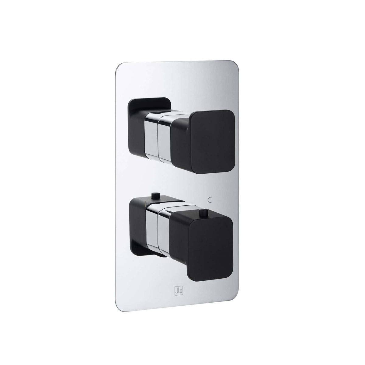 Flexible thermostatic shower valve with black and chrome finish for modern bathrooms.