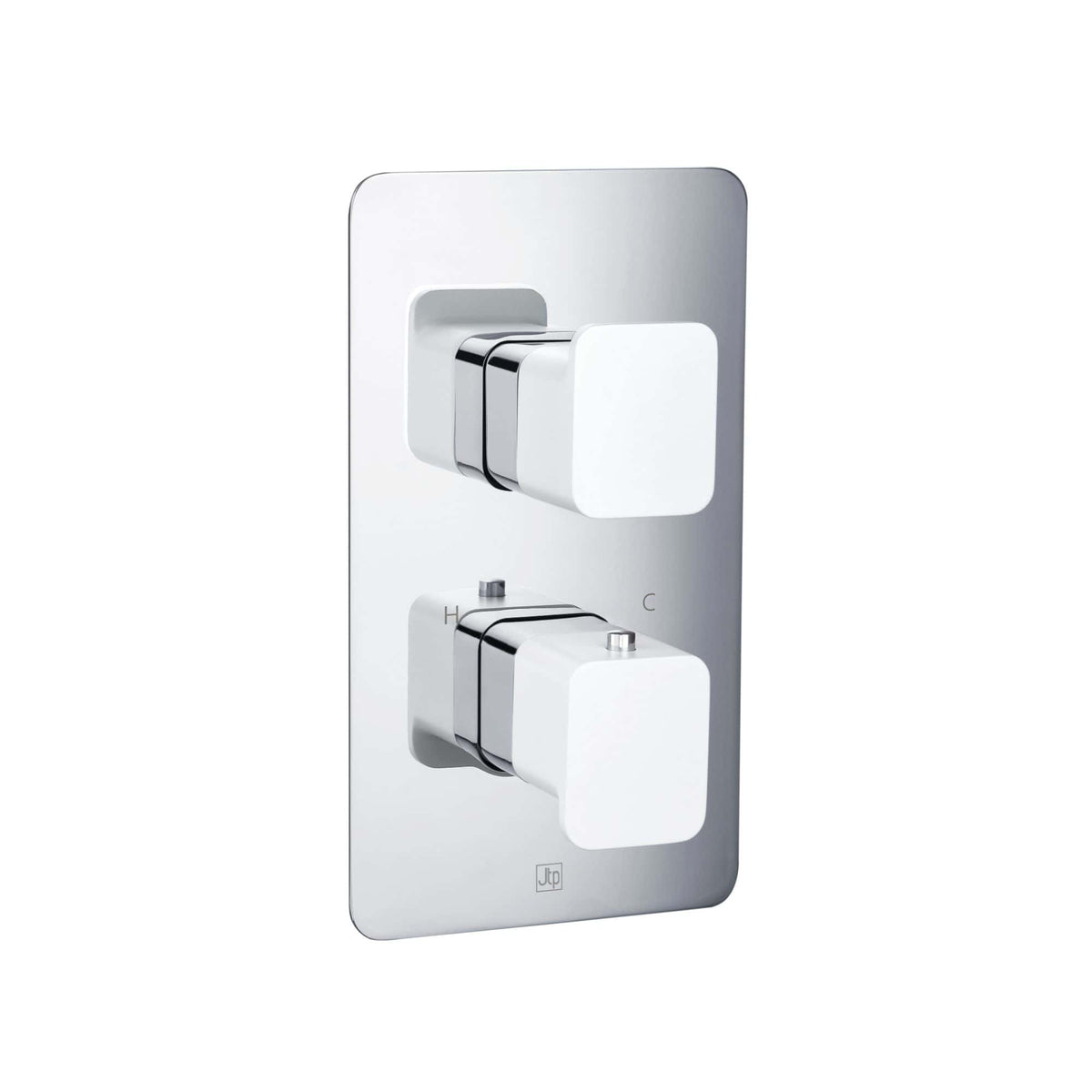 Modern white and chrome thermostatic shower valve with dual control knobs for precise temperature and flow regulation, ideal for contemporary bathroom bathrooms.
