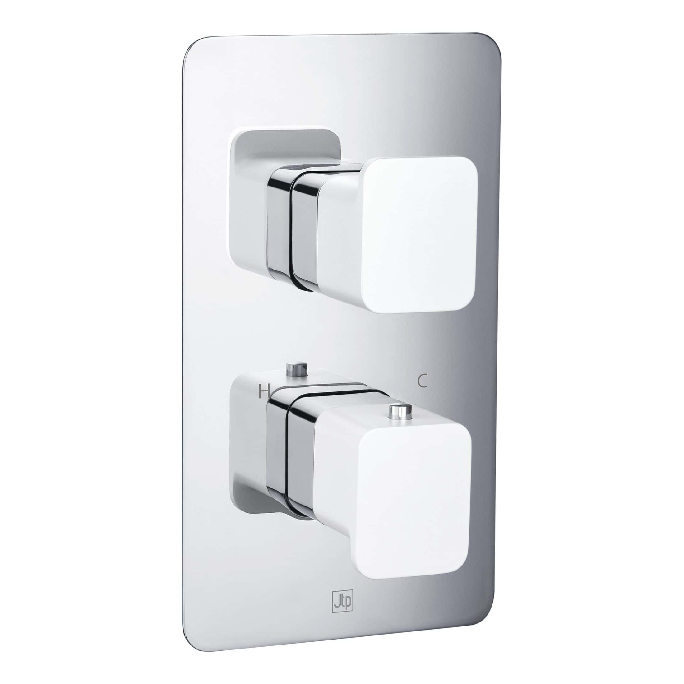 Sleek white and chrome thermostatic shower control panel with dual temperature and flow knobs, ideal for modern bathroom upgrades.