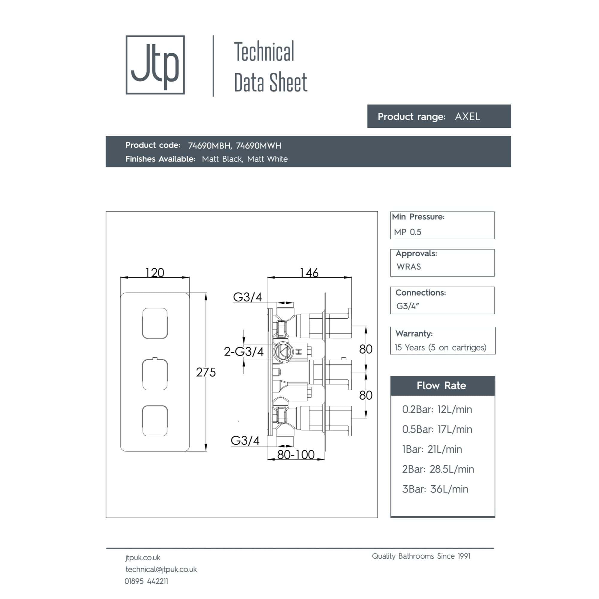 High-quality modern bathroom plumbing fixtures with detailed technical drawing, dimensions, and connection specifications from Bubly Bathrooms.