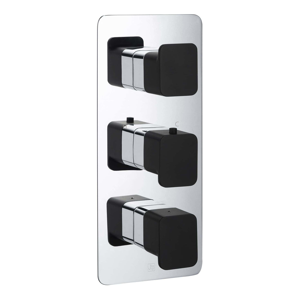 Sleek black and chrome thermostatic shower valve with modern square controls on a polished chrome backplate, perfect for contemporary bathroom designs.