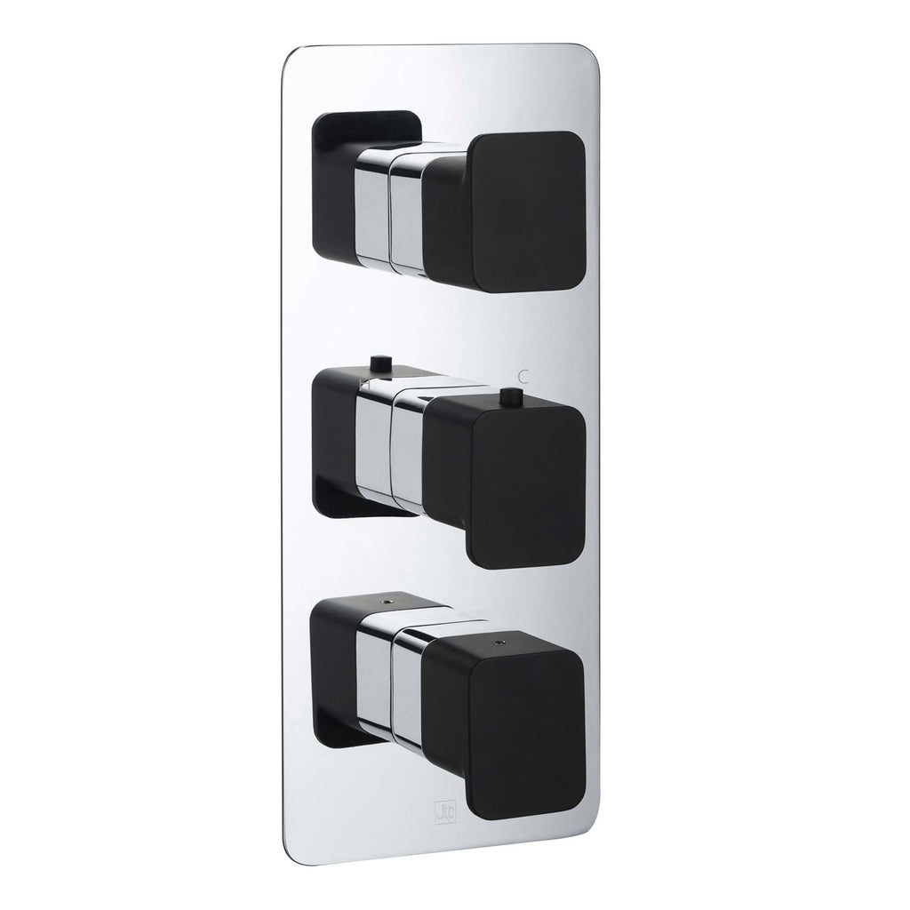 Sleek modern shower control panel with black and chrome handles, designed for stylish and functional bathroom upgrade. Perfect for contemporary bathroom renovation and water temperature regulation.
