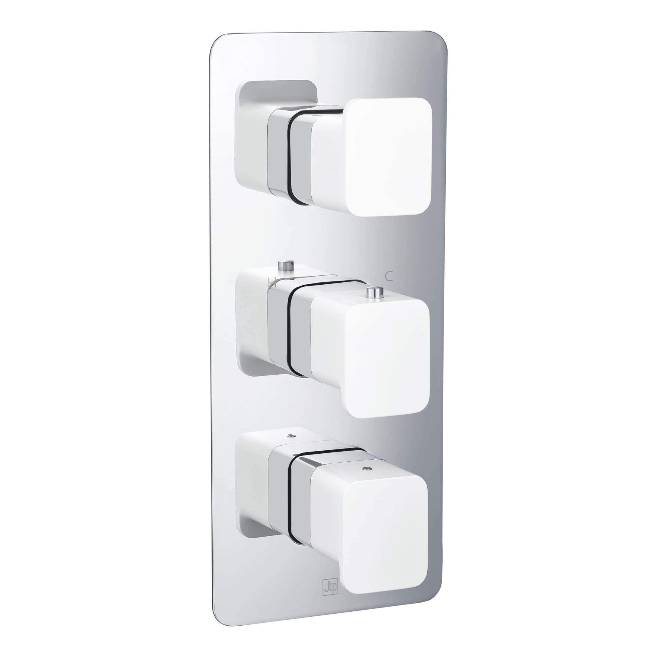 Stylish white thermostat control panel for modern bathroom heating and cooling, featuring three adjustable dials on a sleek, reflective chrome finish for precise temperature management.