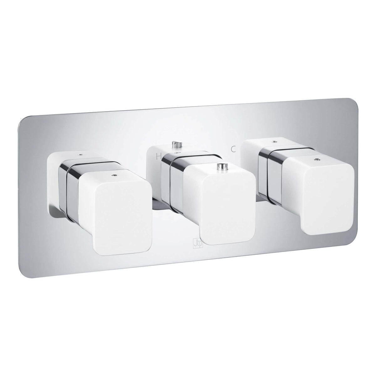 Sleek modern thermostatic shower valve with white and chrome finish, designed for precise water temperature control in luxurious bathrooms.