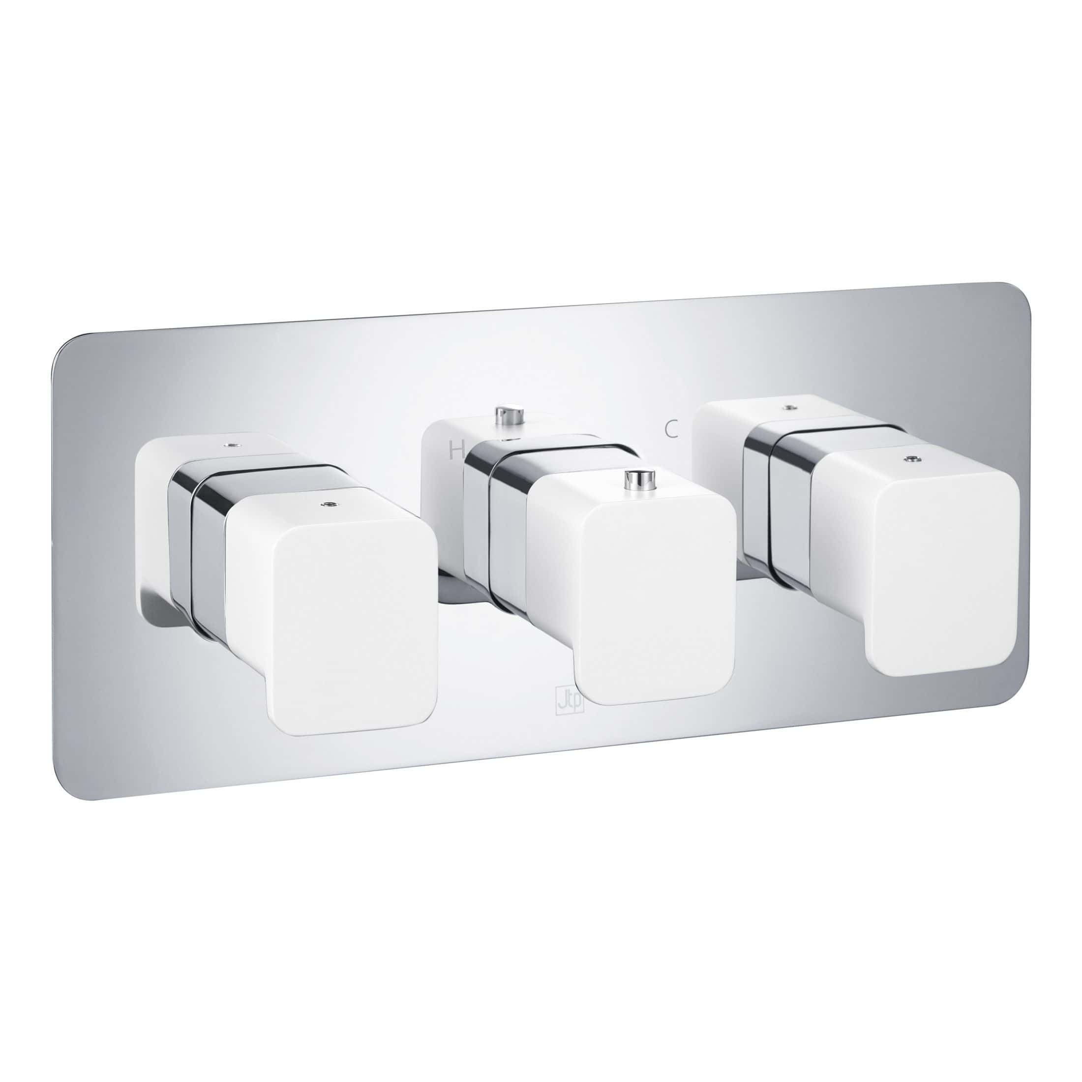 Sleek modern thermostatic shower valve with white and chrome finish, designed for precise water temperature control in luxurious bathrooms.