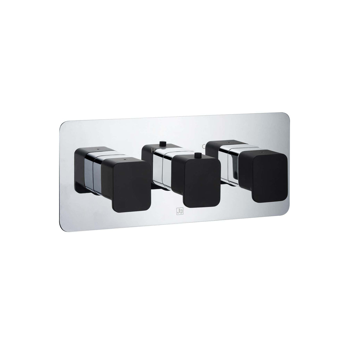 Sleek modern thermostat control panel with three black and chrome dials, designed for Stylish and functional bathroom or home heating systems in the UK.