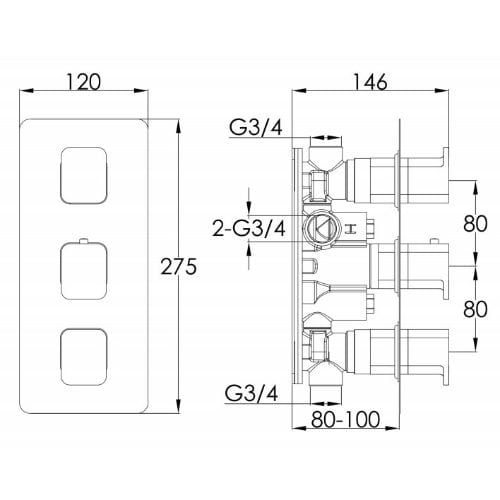 G1. Alt text: Technical schematic of Bubly Bathrooms plumbing component with detailed measurements in millimetres.
