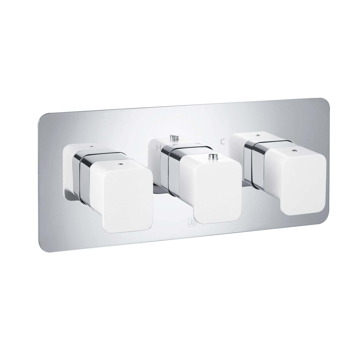 Modern white thermostatic shower control panel with three square levers, chrome accents, ideal for contemporary bathrooms, offering precise water temperature regulation and stylish design.