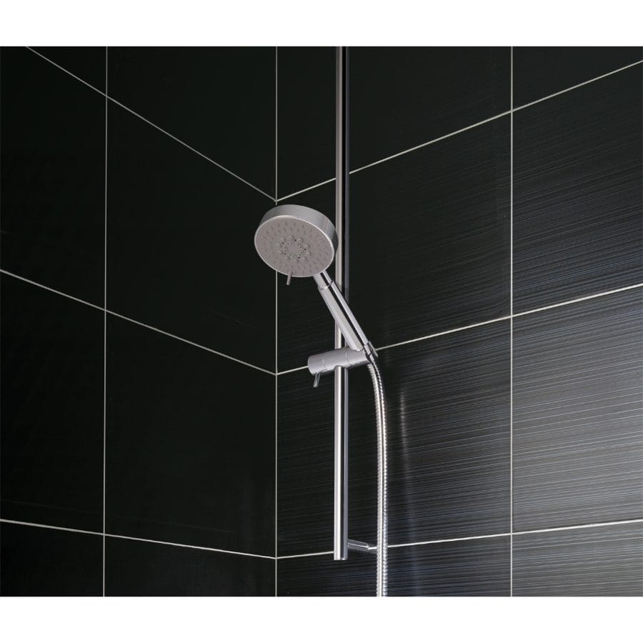 Shower head with black tiled wall in modern bathroom, Bubly Bathrooms, sleek bathroom fixtures, high-quality shower system, contemporary bathroom design, black tiles with white grout, stainless steel shower fittings, minimalist bathroom decor, luxury bathroom accessories, modern wet room design, black and chrome bathroom fixtures, stylish bathroom renovation, elegant shower setup.