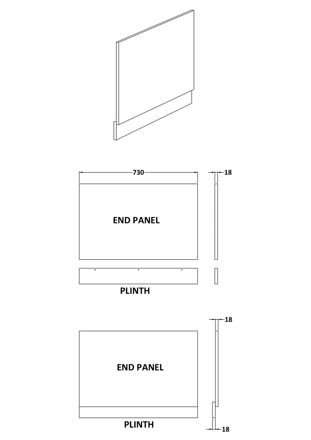 Flexible bathroom panel installation for modern Bubly bathrooms, featuring detailed technical drawings and precise measurements for end panels and plinths.