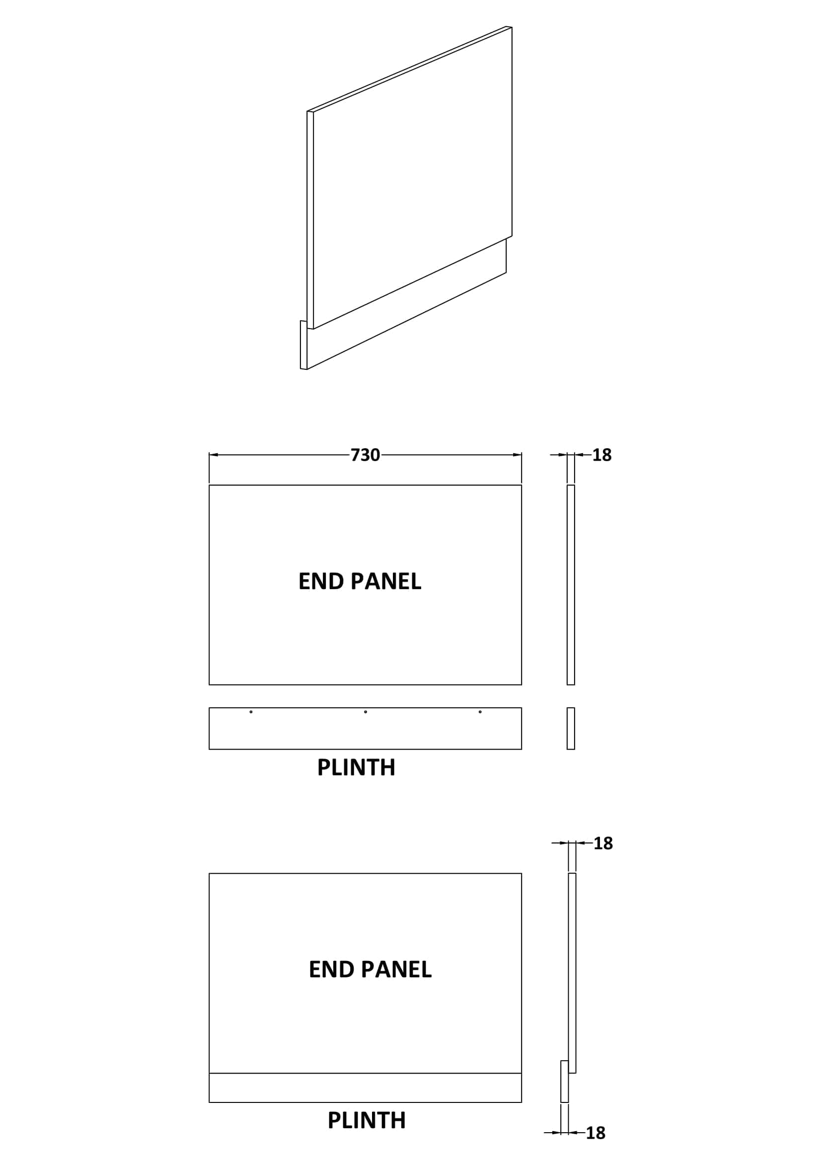 Flexible bathroom panel installation for modern Bubly bathrooms, featuring detailed technical drawings and precise measurements for end panels and plinths.