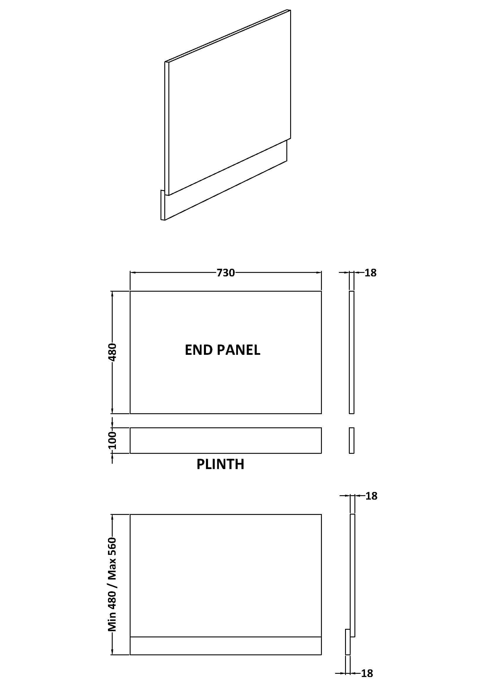 Shower panel front view with detailed dimensions for modern Bubly Bathrooms design.
