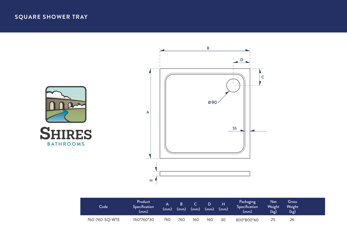 Scudo Shires White Square Shower Tray - technical drawing with dimensions