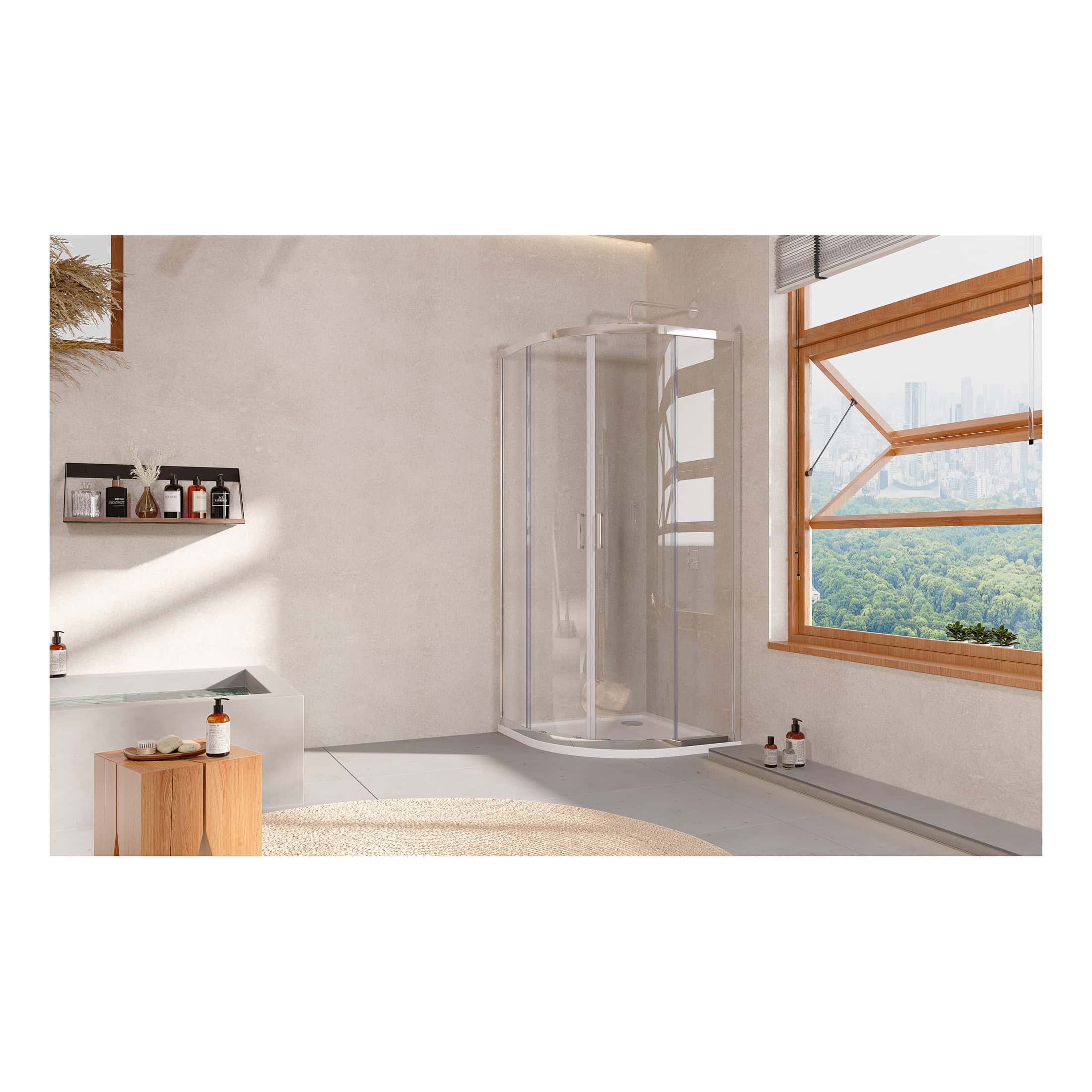 Modern corner shower enclosure with clear glass doors and sleek metal frame in a contemporary bathroom setting. Perfect for elegant and space-saving bathroom design.