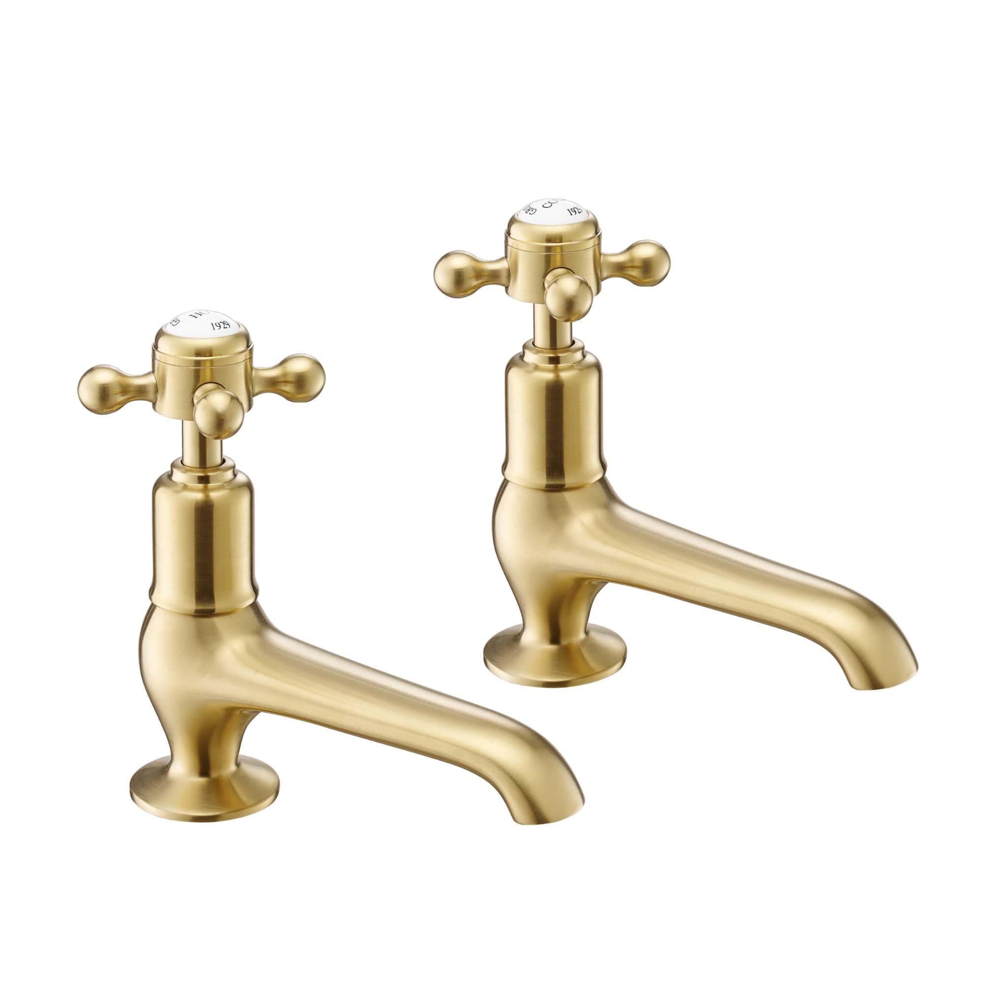 Elegant brass bathroom sink taps for vintage or contemporary style, featuring cross handles and classic design. Perfect for adding a touch of timeless sophistication to your bathroom decor.
