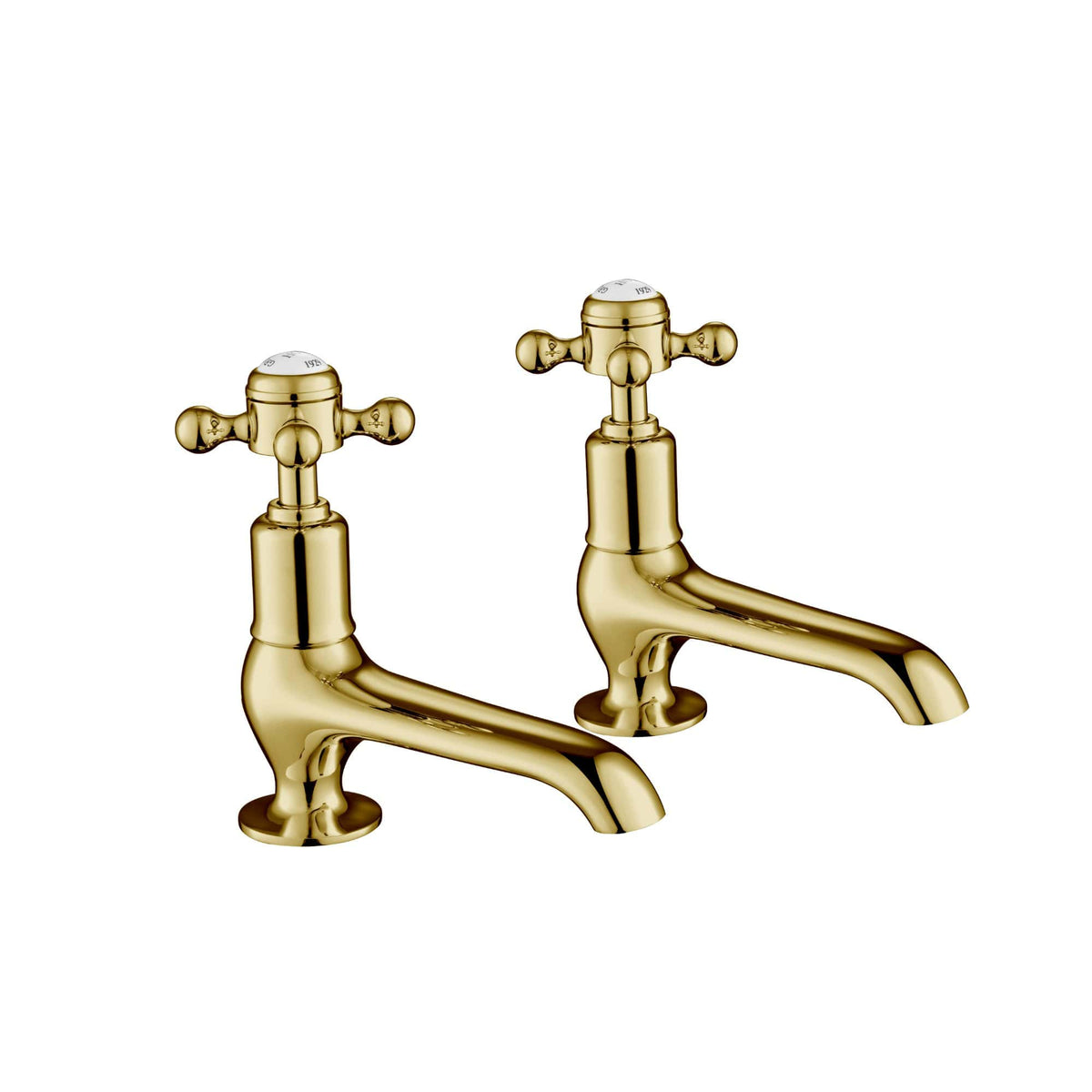 Polished gold vintage style bathroom sink taps, classic cross handle design, elegant gold finish for luxury bathroom decor, high-quality brass construction, timeless aesthetic for traditional bathrooms.