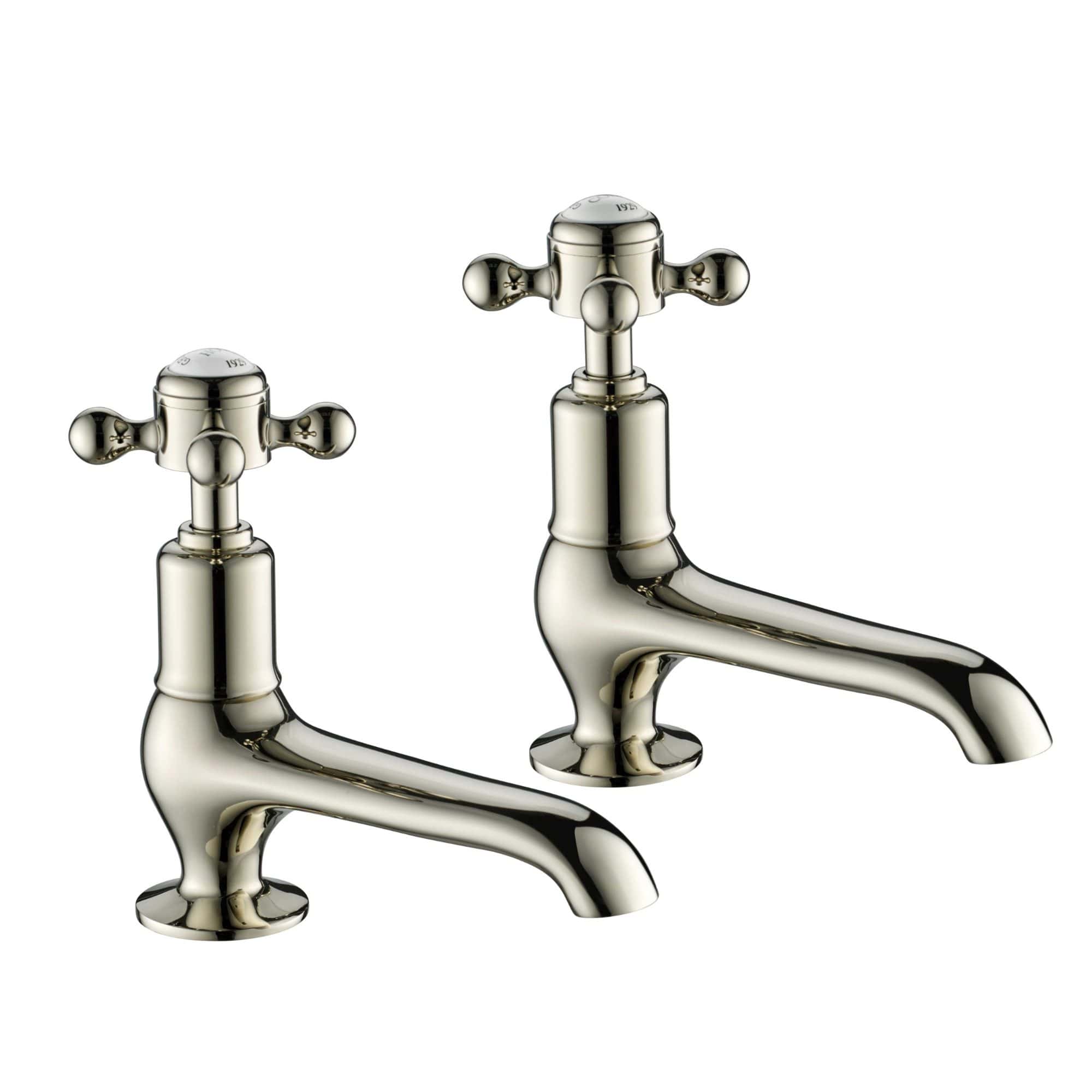 Polished chrome traditional bathroom sink taps with cross handles, suitable for vintage or classic bathroom designs.