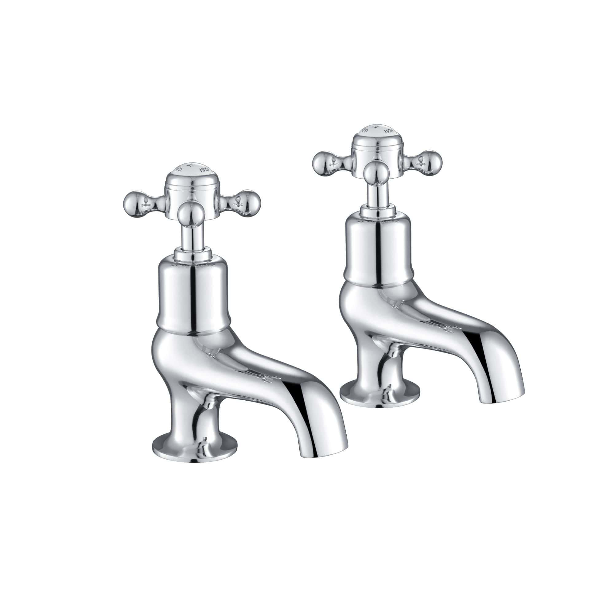 Shiny chrome traditional bathroom taps with cross handles, ideal for classic bathroom sink decor. Perfect for installing or replacing vintage-style tapware.
