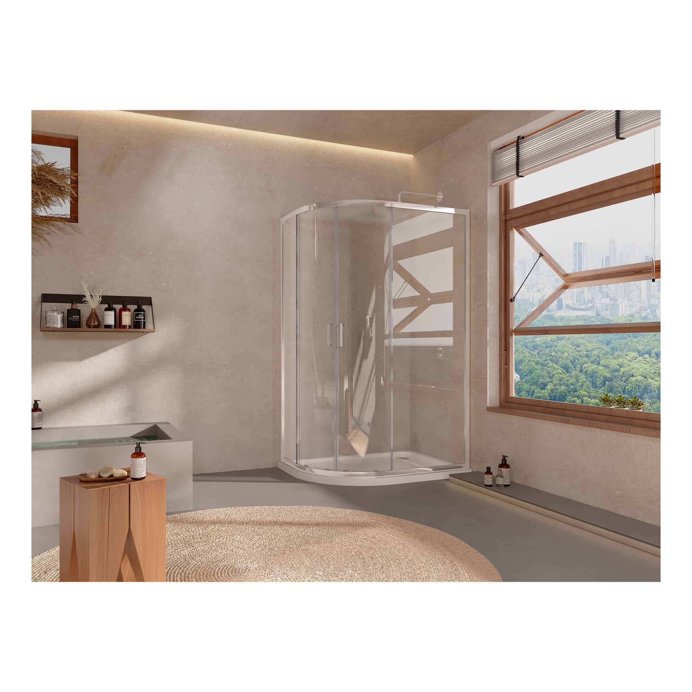Shower enclosure in a modern bathroom with natural light, wooden accents, and scenic city view outside the window, creating a relaxing and stylish bathroom environment.