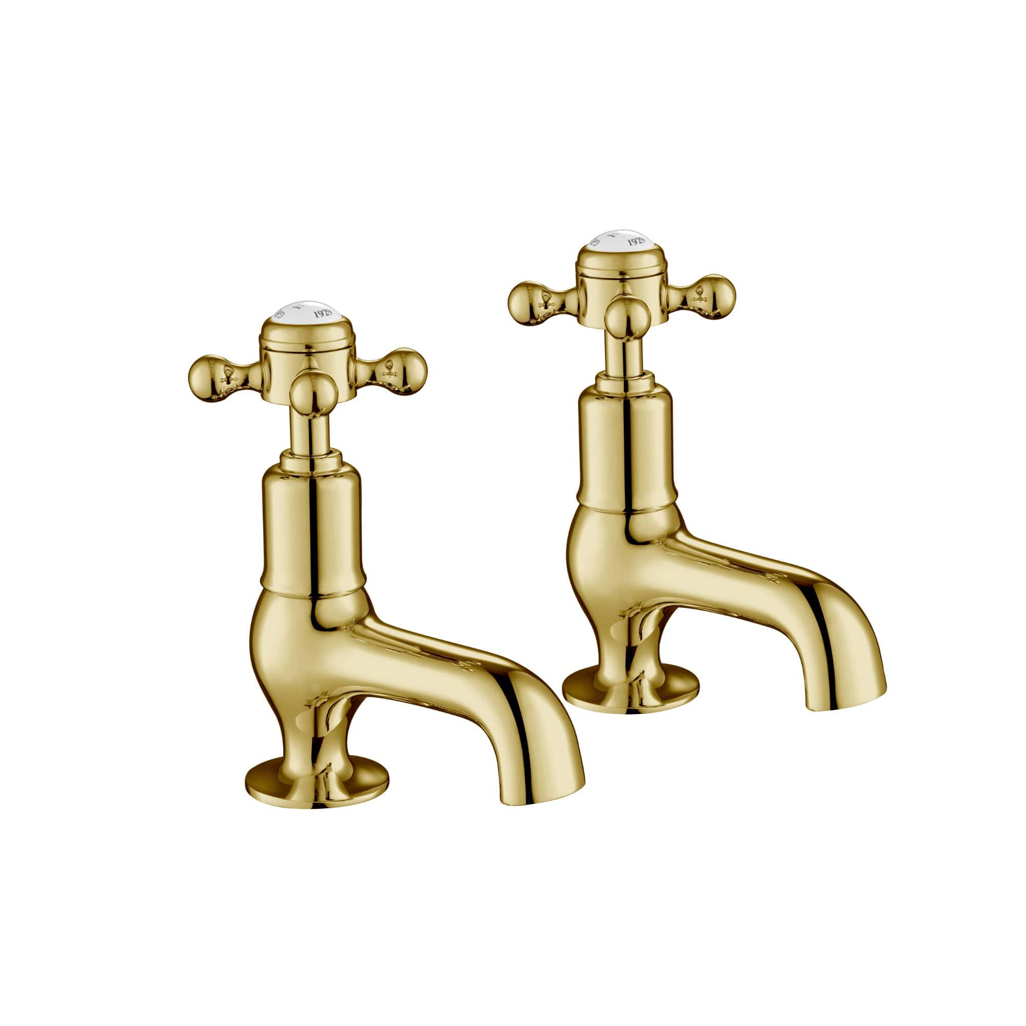 Polished gold bathroom sink taps, traditional cross handle design for classic bathroom fixtures. Perfect for luxury bathroom upgrades and stylish water fixtures.