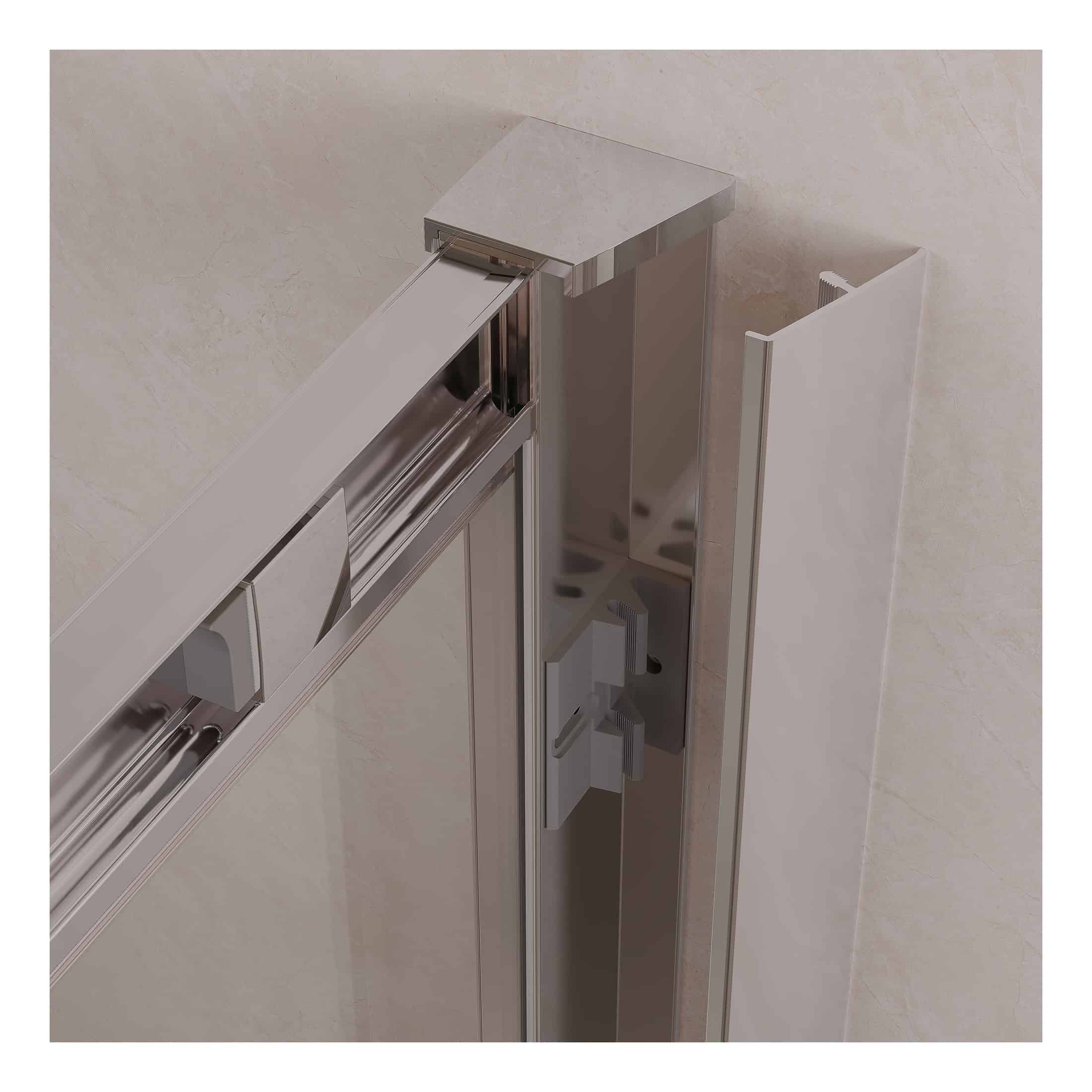 Aluminium shower door frame with sliding glass panel and sealing strip for bathroom shower enclosure.