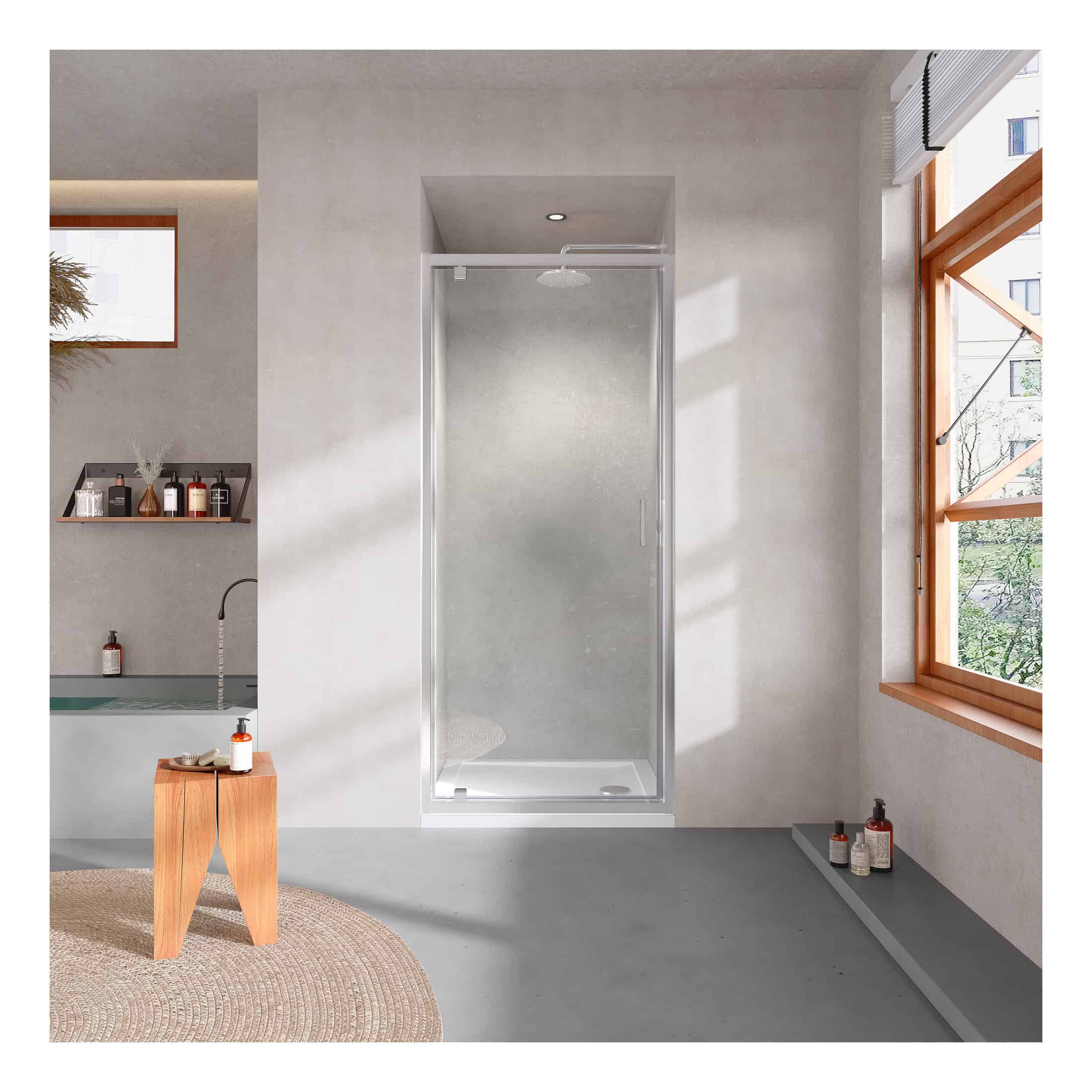 Sleek walk-in shower enclosure with frosted glass door in modern bathroom featuring natural light, minimalist design, and neutral tones. Perfect for contemporary Bubly bathrooms.