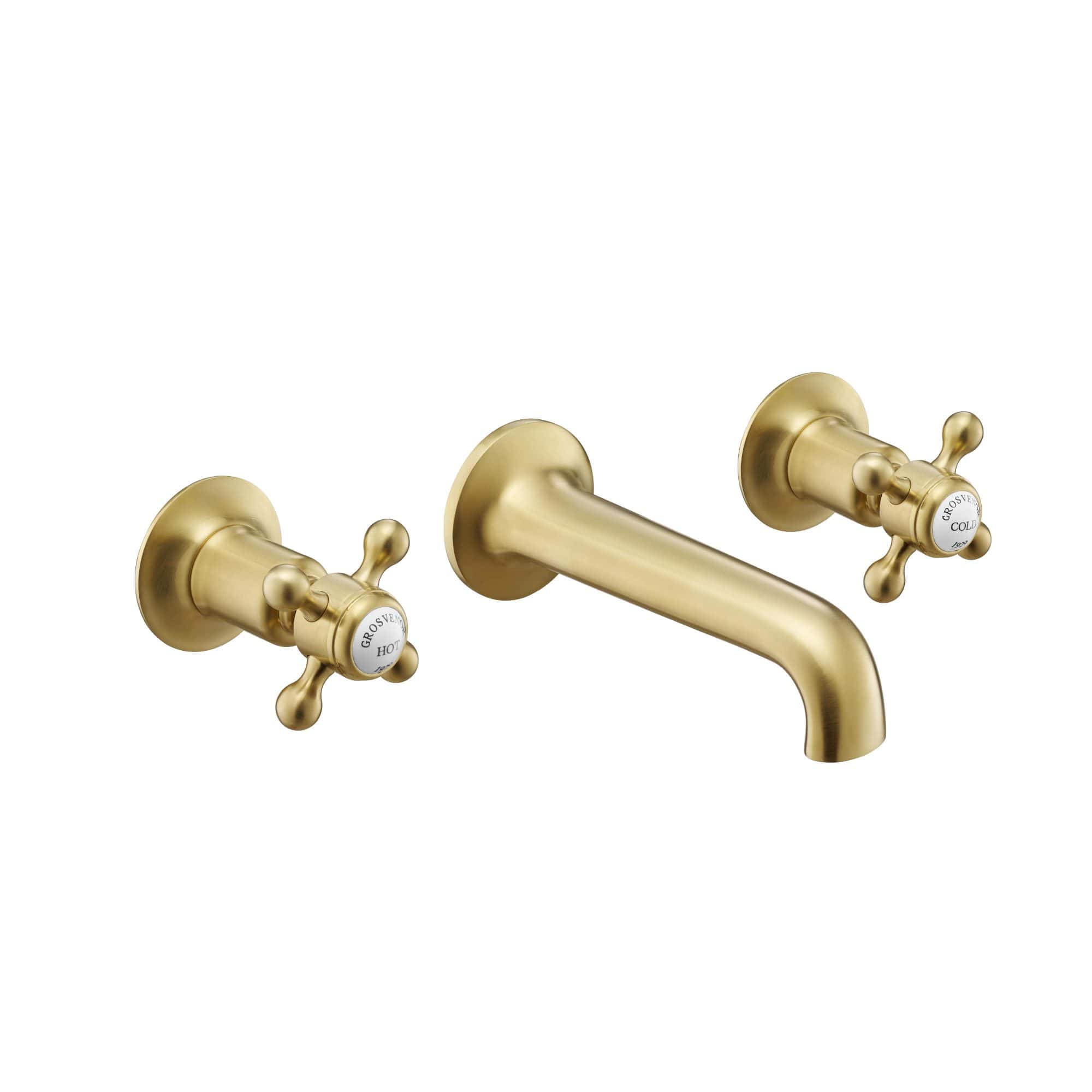 Vintage gold bathroom faucet with dual cross-handle taps for hot and cold water. Elegant and classic design perfect for traditional or luxury bathroom decor.