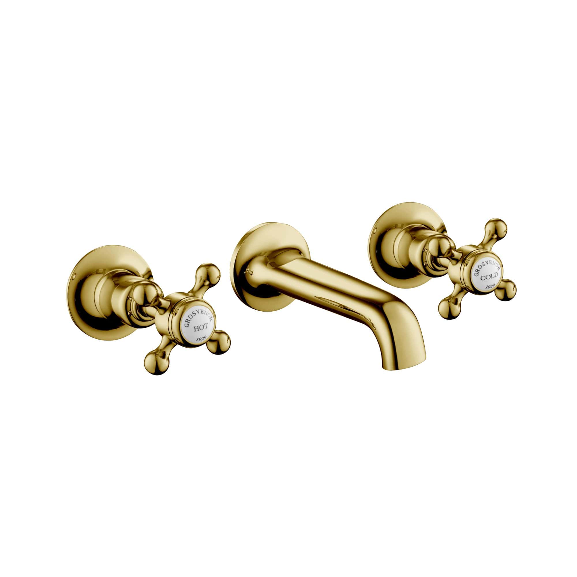 Brass bathroom tap with hot and cold handles, vintage style, ideal for classic bathroom design. Made by Grosvenor, durable and elegant fixture for traditional bathrooms.