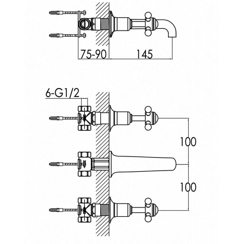 Precision bath tap diagram with mounting measurements for bathroom plumbing installations. Suitable for modern bathroom design and renovation projects.